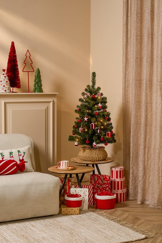 Black Box Trees Joy Artificial Christmas Tree with 26 Ornaments and LED Lights - H90 x Ø50 cm - Green, Red