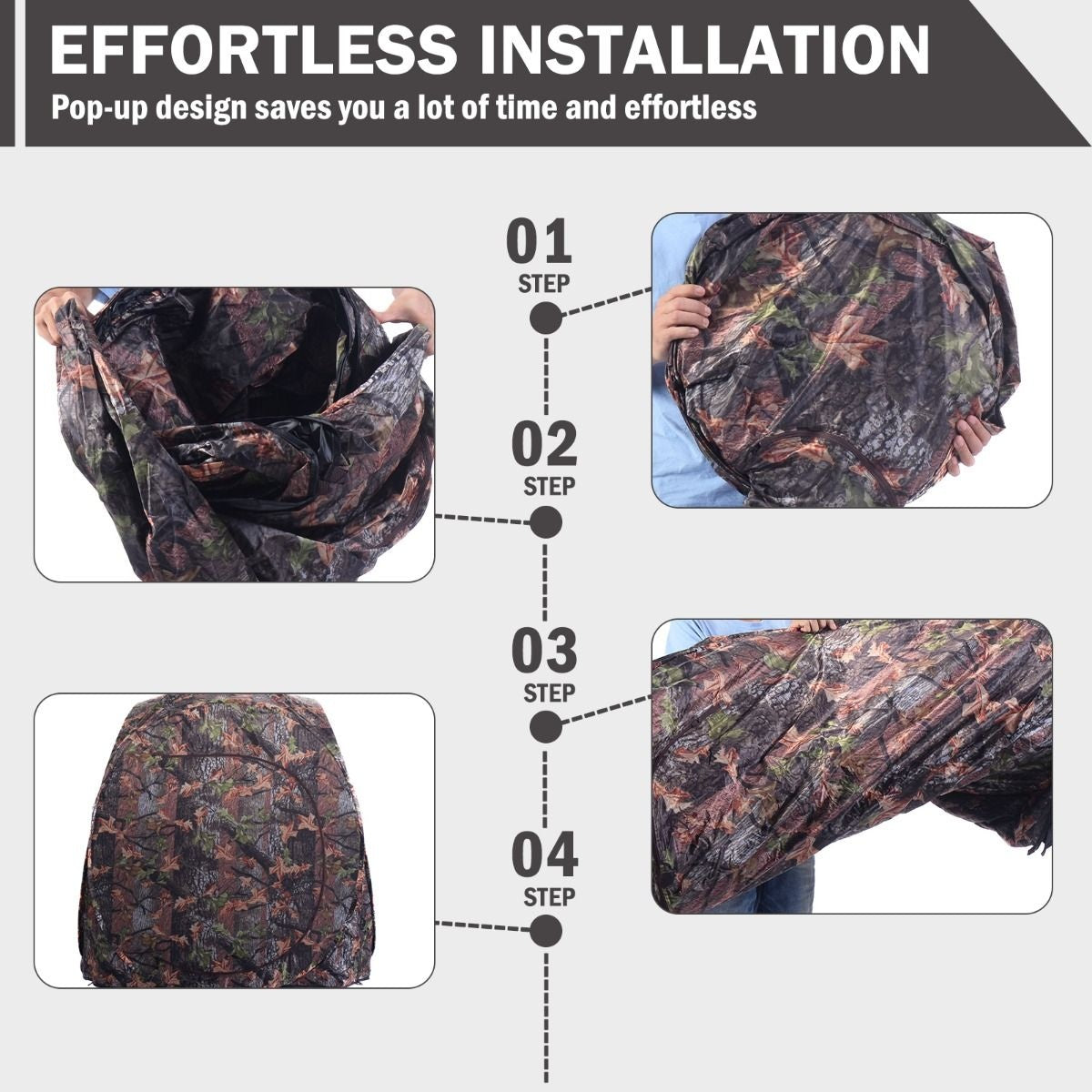 Cabane de chasse rétractable Coast pour 3 personnes Tente de chasse Cadre en acier Fenêtres en maille Sac de transport Sangles Piquets de sol Camouflage 152 x 152 x 163cm