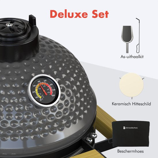 KitchenBrothers Kamado BBQ - 13 Inch Charcoal Barbecue - 27⌀ cm - PFAS-free - Deluxe Set - Egg BBQ with Accessories including Cover - Grey (en anglais)