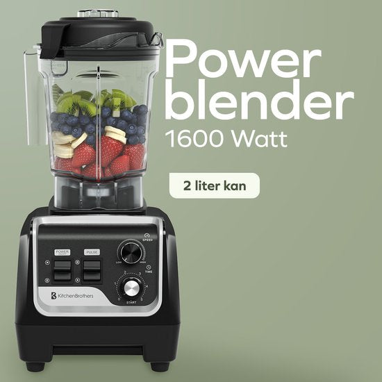 KitchenBrothers Power Blender - 1600W - 2L - Smoothie Maker - Ice Crusher - Metallic Black