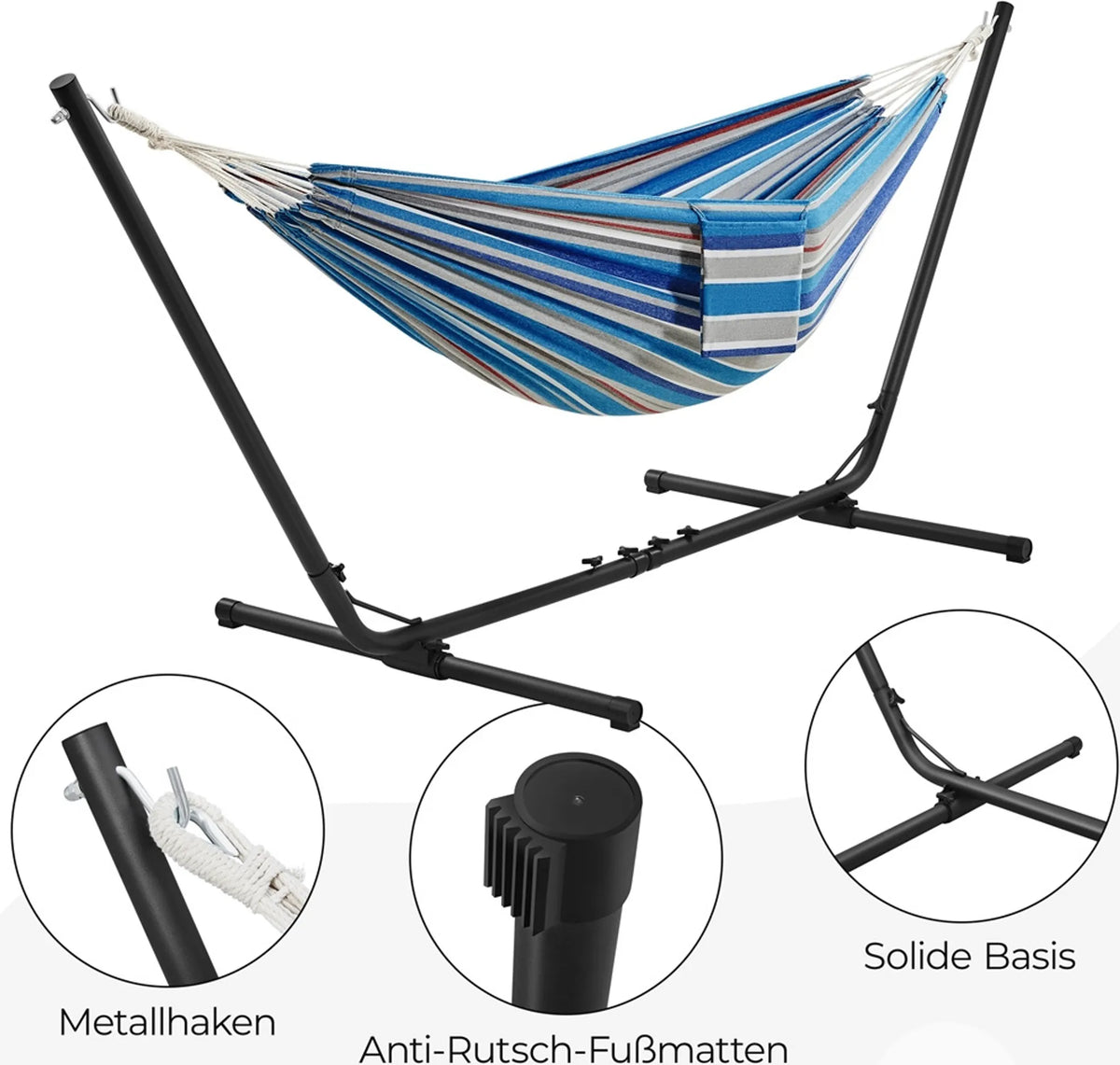 Hamac de camping avec support pour 2 à 3 personnes, réglable de 294 à 314 cm, bleu