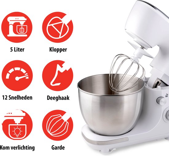 alpina Food Processor - Robot de cuisine - Bol mélangeur en acier inoxydable 5L - 3 Accessoires - Blanc