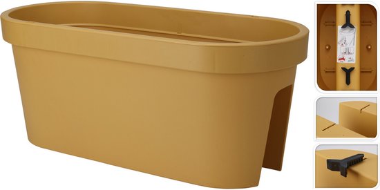 Pot de fleurs Pro Garden pour balcon - jaune ocre - 60 x 25 cm - ovale - plastique - Balustrade/clôture/pots suspendus
