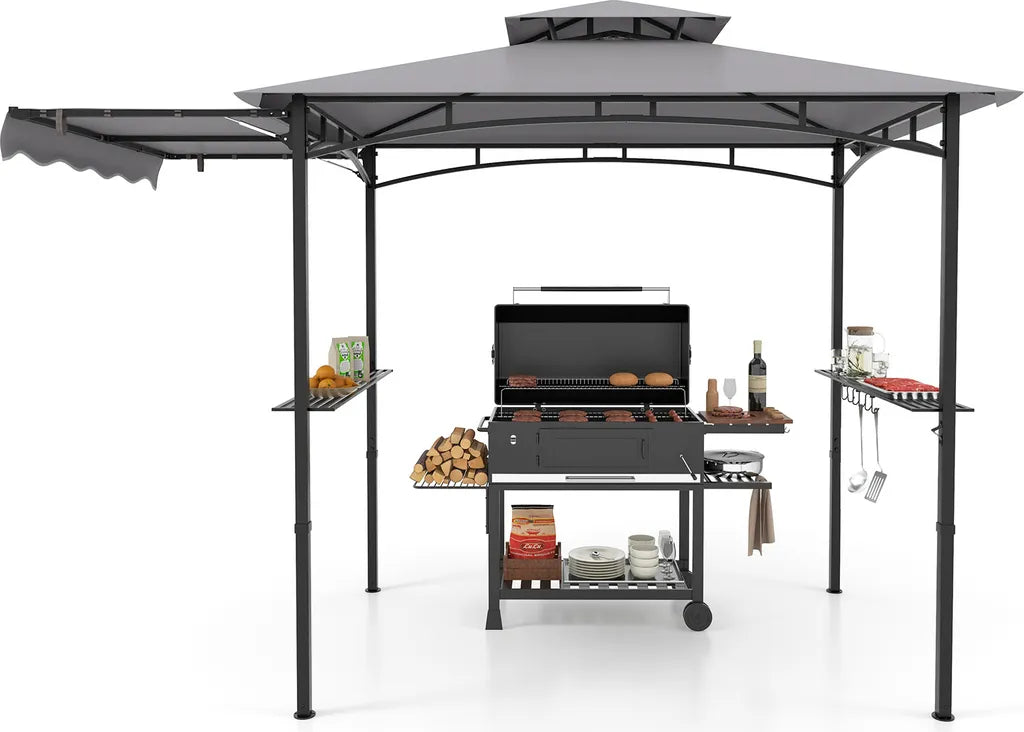 Pavillon de barbecue Coast résistant aux intempéries 318 × 153 × 250 cm – Abri pour barbecue avec auvent latéral, double toit, tables latérales, crochets et décapsuleur – Gris/Noir