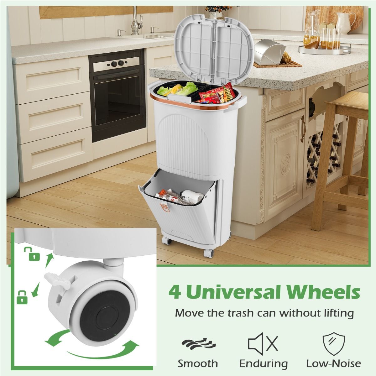 Poubelle Coast 38 litres avec couvercle - Système de tri sélectif à double compartiment - Pédale et roulettes - Blanc - 43 x 29 x 74,5 cm