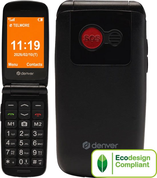 Téléphone portable Denver pour seniors 4G - Grandes touches - Bouton SOS - Grandir sans smartphone - Station de recharge - GSM - Bluetooth - Radio FM - Entièrement en néerlandais et en français - Modèle 2026 - BAS24800L