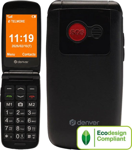 Téléphone portable Denver pour seniors 4G - Grandes touches - Bouton SOS - Grandir sans smartphone - Station de recharge - GSM - Bluetooth - Radio FM - Entièrement en néerlandais et en français - Modèle 2026 - BAS24800L