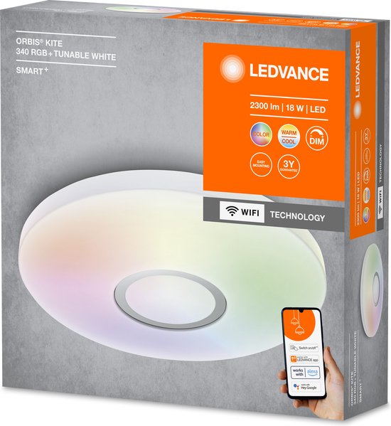 LEDVANCE Applique et plafonnier LED intérieur intelligent avec technologie wifi, couleur de la lumière modifiable (3-K-65-K), couleur RVB modifiable, blanc, 34-mm, compatible Google et Alexa, SMART+ ORBIS KITE RGBW