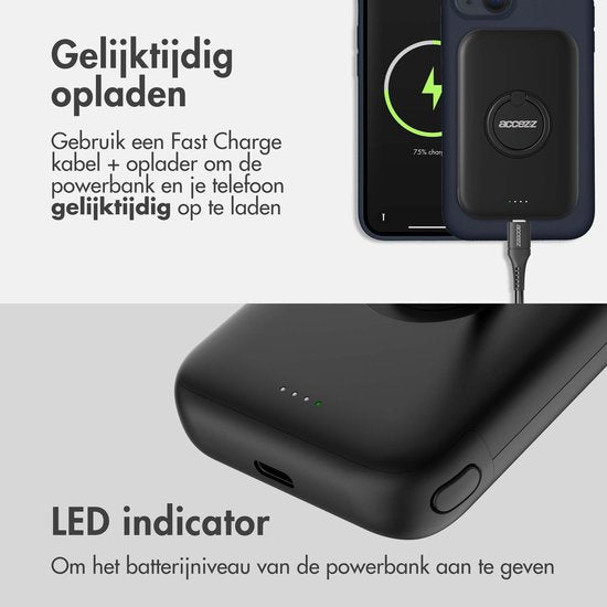 Accezz Powerbank Adapté à Magsafe 5000 mAh - Affichage LED de la batterie - USB C - 18 Watt - Powerbank sans fil Adapté à iPhone 12/13/14/15 - Noir