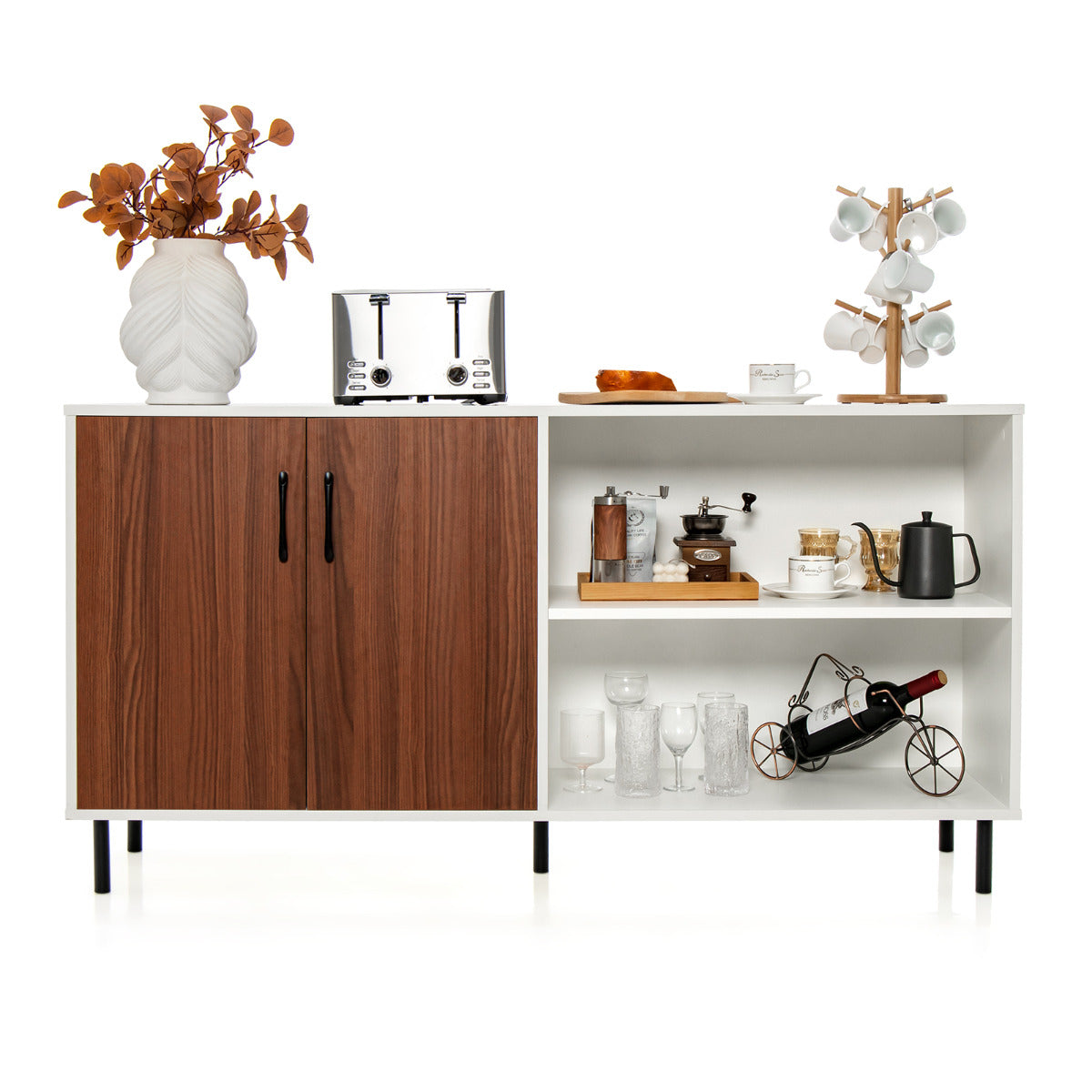 Armoire buffet moderne Armoire crédence avec portes ouvertes et compartiments Armoire de cuisine avec pieds en métal Armoire de bar