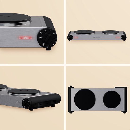 KitchenBrothers Table de cuisson électrique - 2 brûleurs - pose libre - 7 niveaux de température - 1500W + 1000W - inox/noir