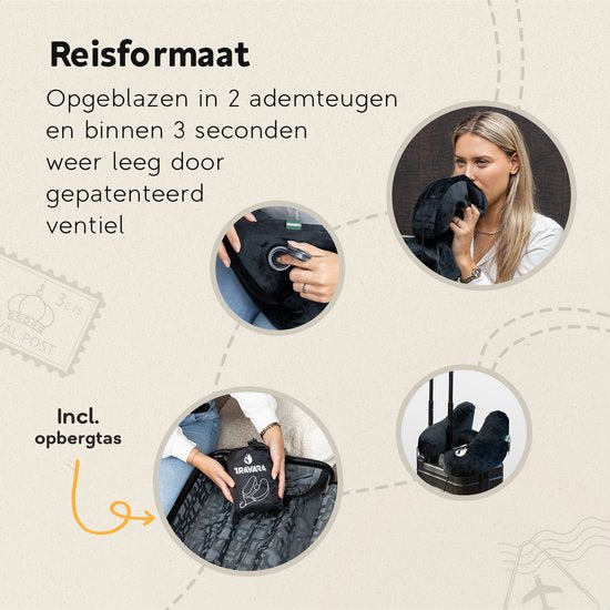 TRAVARA Oreiller gonflable pour la nuque - The Airsnoozer - Oreiller de voyage - Pour l'avion et la voiture - Avec bouchons d'oreilles - Oreiller pour la nuque - Noir