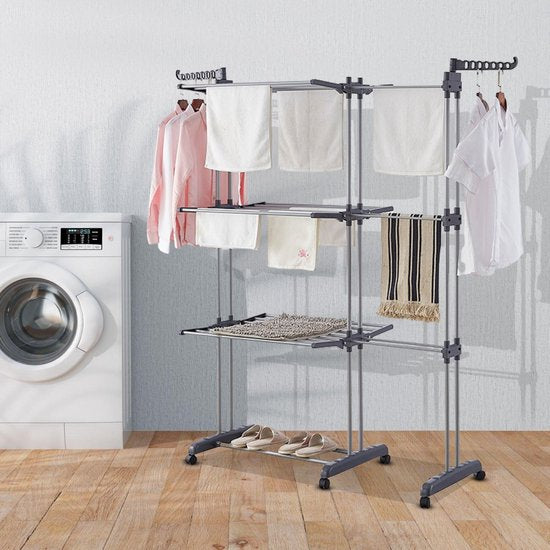 Vonia Tour de séchage - Étagère de séchage - Étagère de linge - Tour de séchage double - 3 couches - Pliable - 150 x 50 x 171 cm - Gris