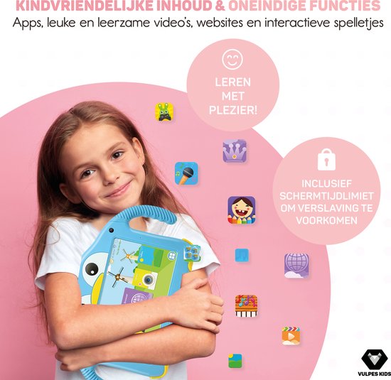 Vulpes Goods® Kids - Tablette pour enfants - Tablette Kids - Application de contrôle parental - 100% Kids Proof - 3500 mAh - Android 10 Go - Avec étui de protection intégré, protection de l'écran et protection des yeux - 32 Go - Avec stylet pour écran tac