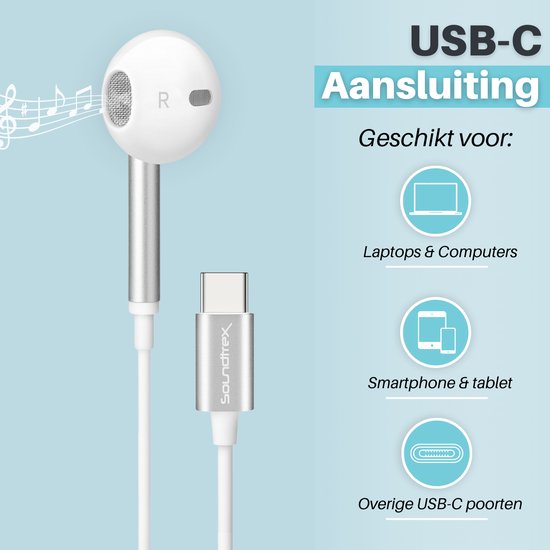 Soundtrex Écouteurs avec fil USB-C - Écouteurs filaires avec microphone - Adaptés aux smartphones et aux tablettes - Blancs