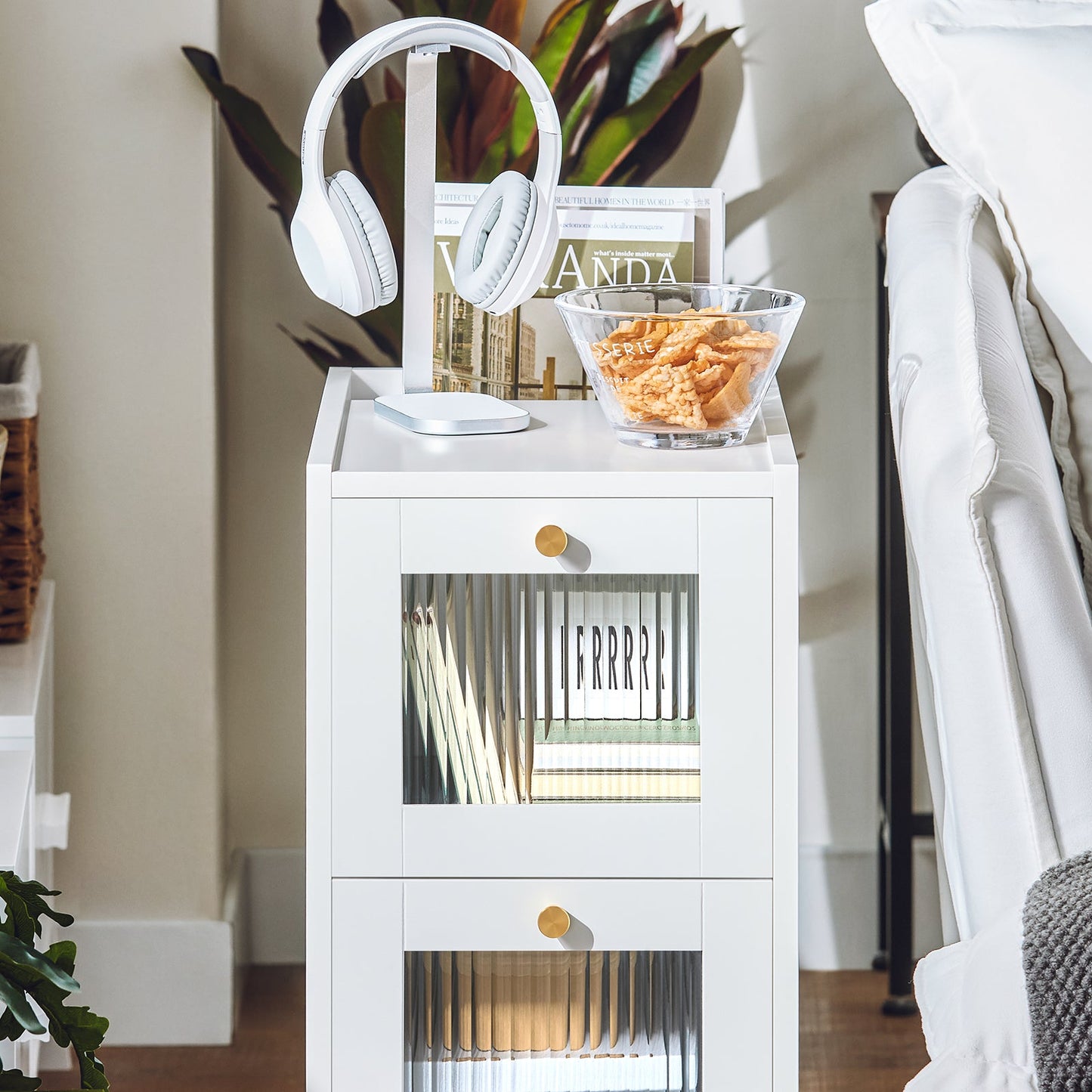 SoBuy Table de chevet - avec 2 tiroirs en verre et rangement - 30 x 45 x 65 cm - blanc