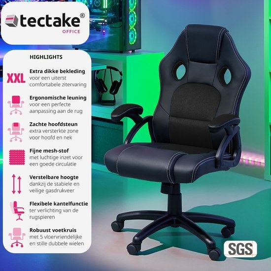 tectake® - chaise de bureau chaise gaming - chaise de bureau de luxe chaise de bureau - chaise de course chaise de bureau chaise gaming Tyson - noir