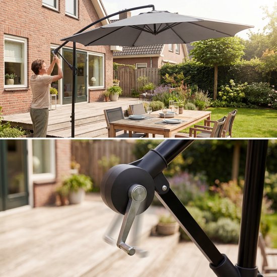 Parasol à bras articulé Tristar - 300 cm, rond - Jardin - Hauteur réglable - Pied en croix et housse de protection inclus - PA-7905 - Anthracite