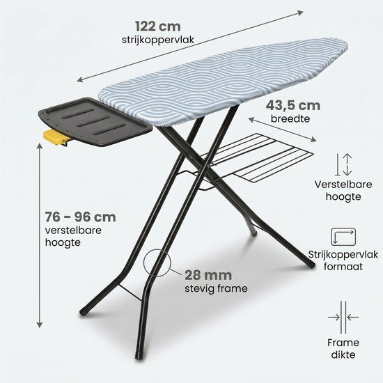 STAUS&BACH Planche à repasser X - pour générateur de vapeur - 122 x 43,5 cm - Avec planche à repasser les manches et support pliable - Réglable en hauteur de 76 à 96 cm - Avec support pour générateur de vapeur et fer à repasser à vapeur - Bleu - Ironiq Pr