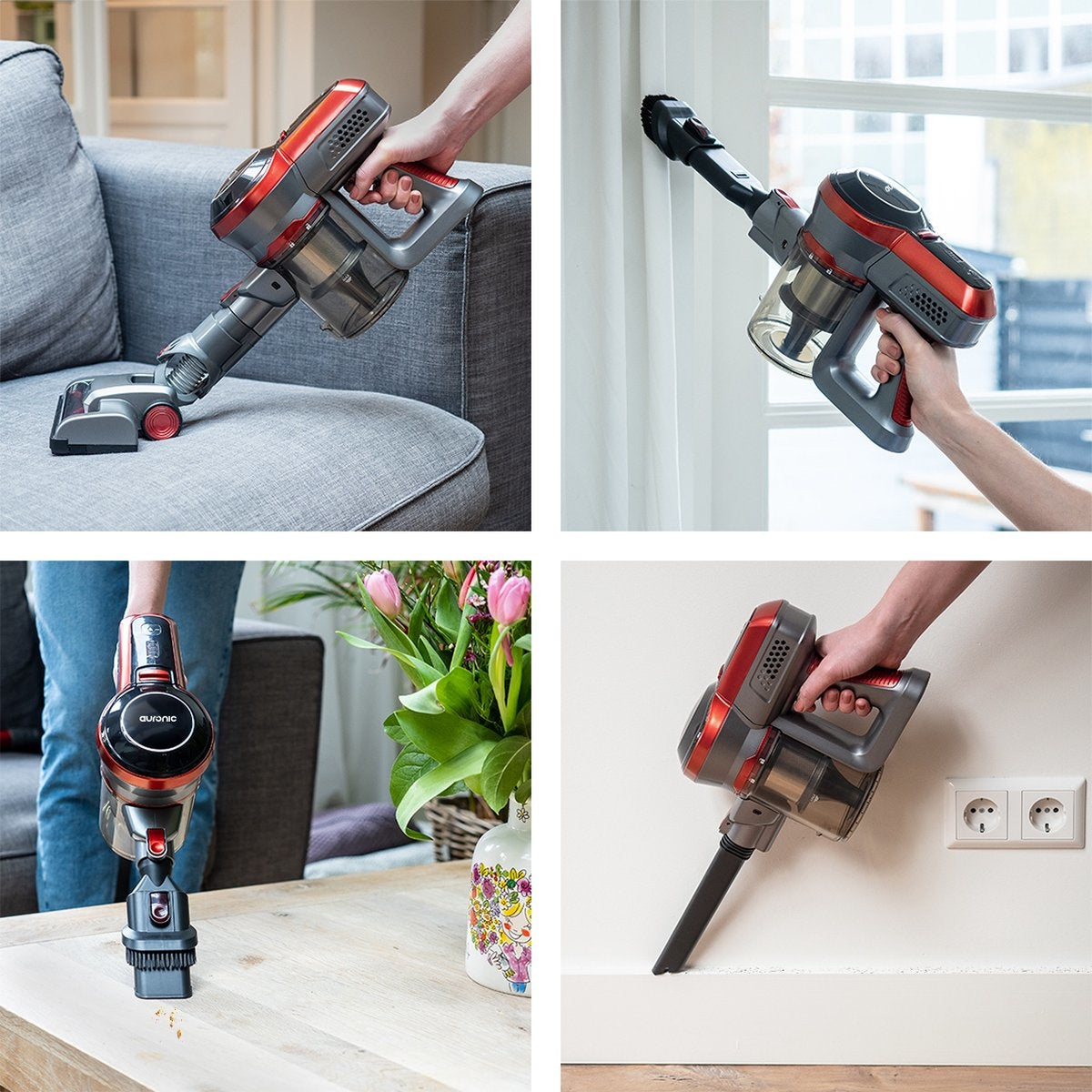 Aspirateur Sans fil - Auronic - Sans sac - 4-en-1 - Alimenté par batterie - 160W - Rouge/Gris