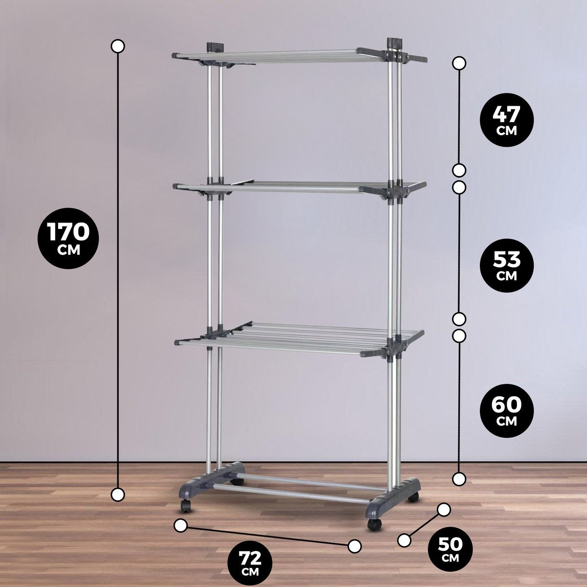 Vonia Droogtoren - Droogrek - Wasrek - Wastoren - 3 Lagen - Inklapbaar - 72x50x172 cm - Grijs