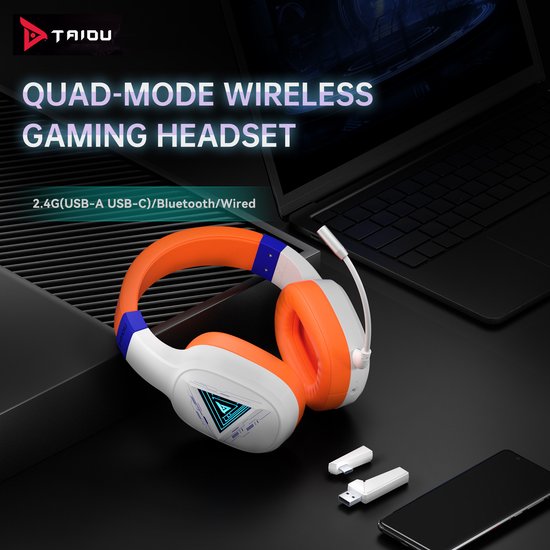 TAIDU THS320Pro - Casque de jeu sans fil 2,4GHz - Casque Bluetooth - avec microphone - Convient pour PS4/PS5, Nintendo Switch - Multiplateforme - Blanc Orange