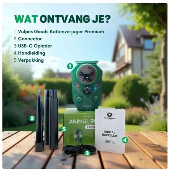 Vulpes Goods® - Cat Dispatcher Premium - 5 x 9 x 14 cm - 5 modes de fonctionnement, capteur PIR, flashs LED et énergie solaire - pour le jardin et le balcon - plastique vert