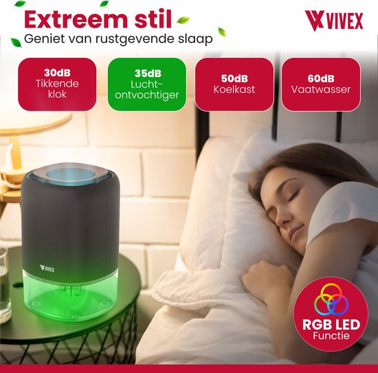 Vivex® Déshumidificateur AirDry Pro - Déshumidifie 600 ml par jour - Extrêmement silencieux - LED RGB - Purificateur d'air pour la maison, la chambre et le bureau
