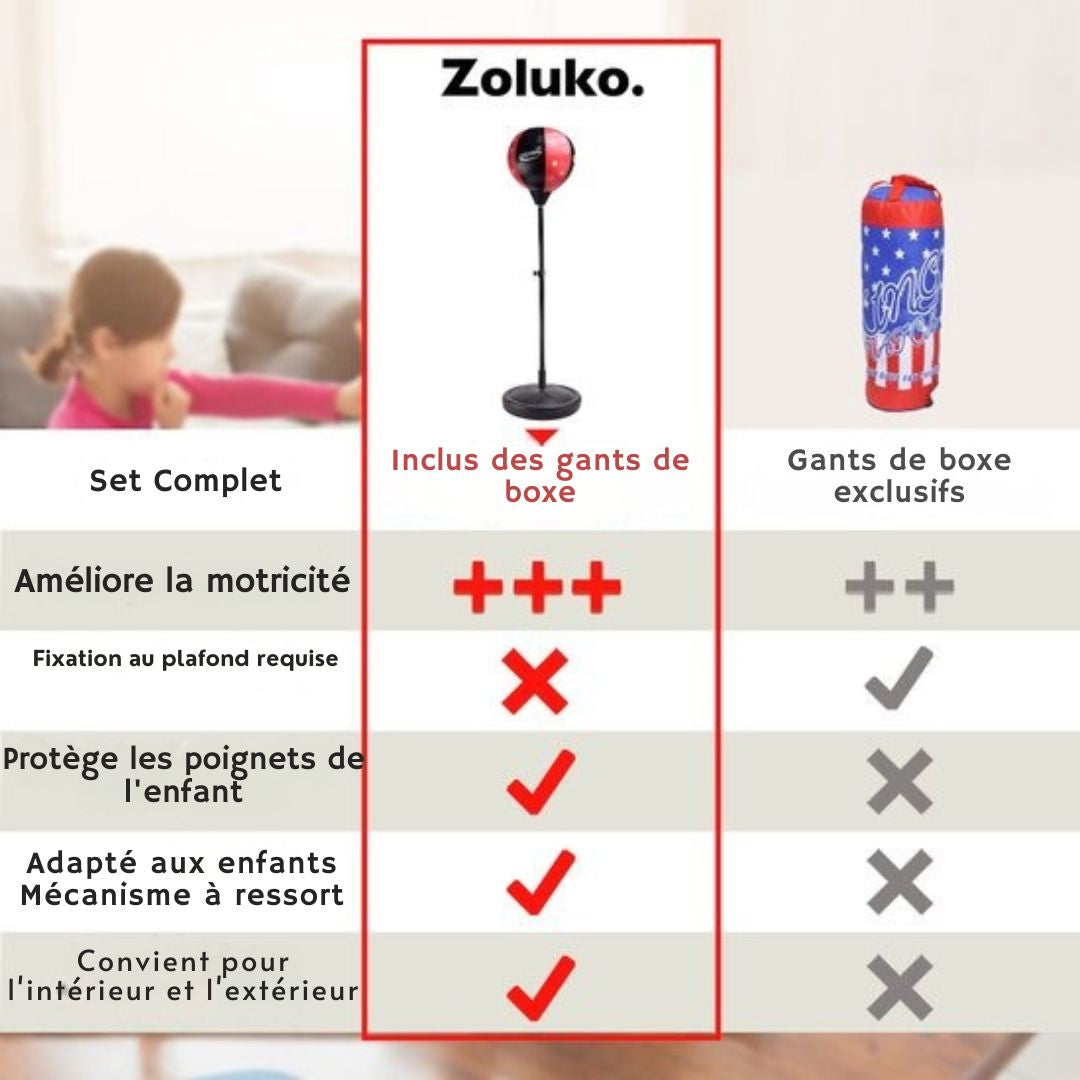 Ballon de boxe sur pied pour enfants Zoluko - Gants de boxe et pompe gonflable inclus - Hauteur réglable - Pour l'intérieur et l'extérieur - noir/rouge