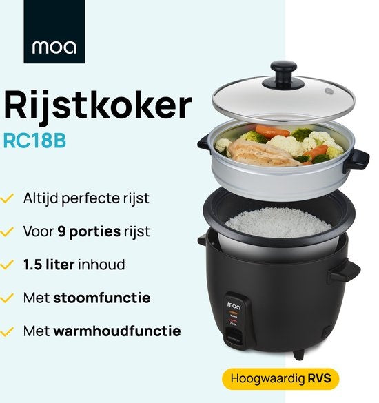 Cuiseur de riz avec cuiseur vapeur - MOA - 1.5 litres - Noir - RC18B
