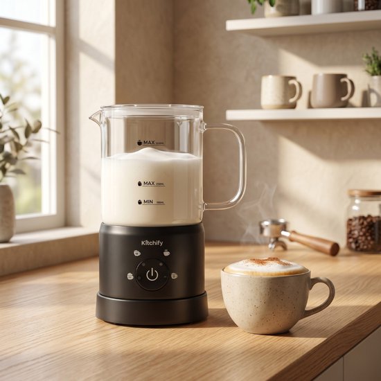Mousseur à lait en verre Kitchify - Mousseur à lait électrique - Avec bec verseur - 4 en 1 - Milk Frother - Noir