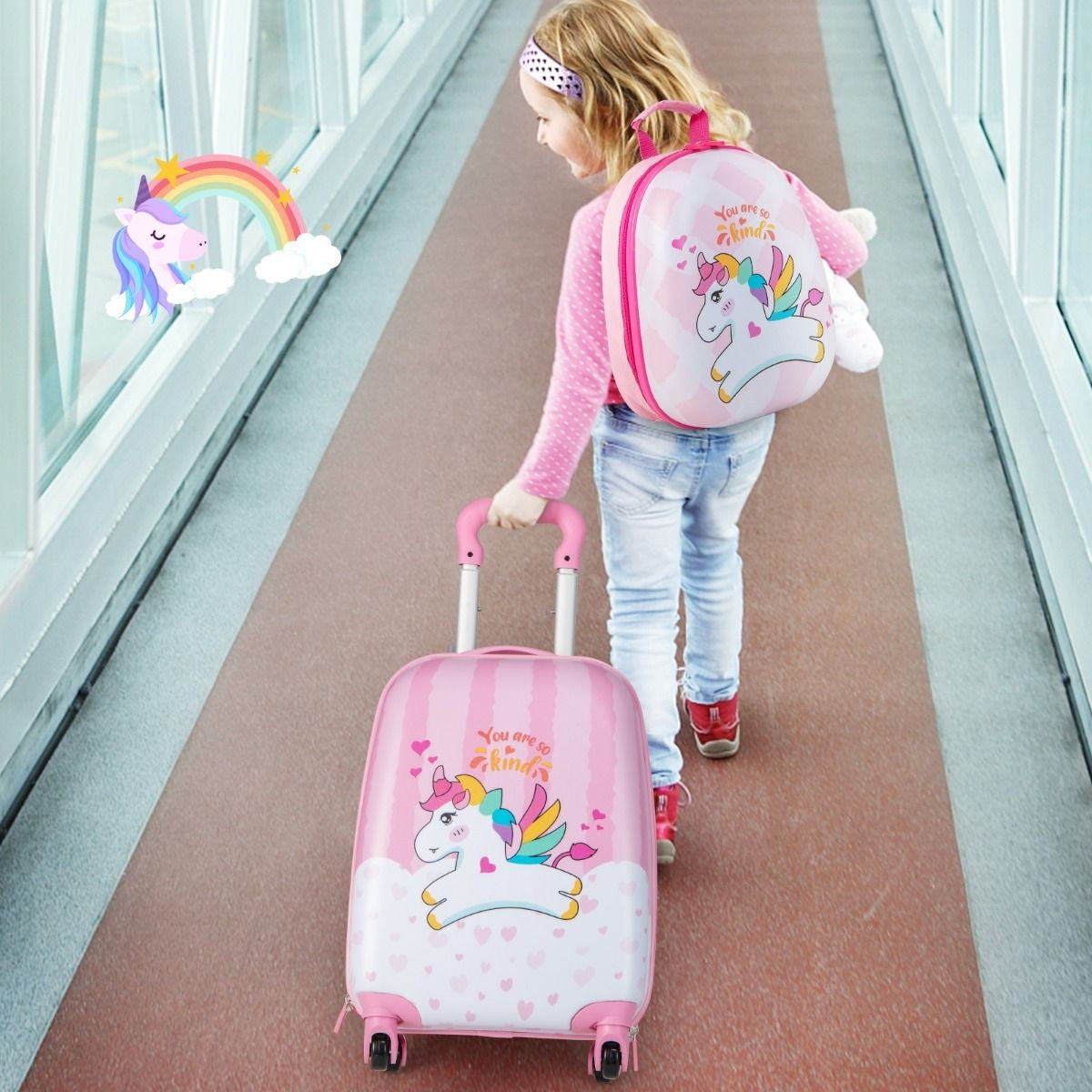 Coast valise + sac à dos pour enfants - licornes - 2 pièces - bagage à main - rose