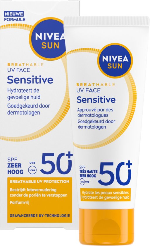 NIVEA SUN UV Face Senstive SPF50+ Sunscreen Face - Pour les peaux sensibles - Formule respirante et non grasse - Sans parfum - 40ml