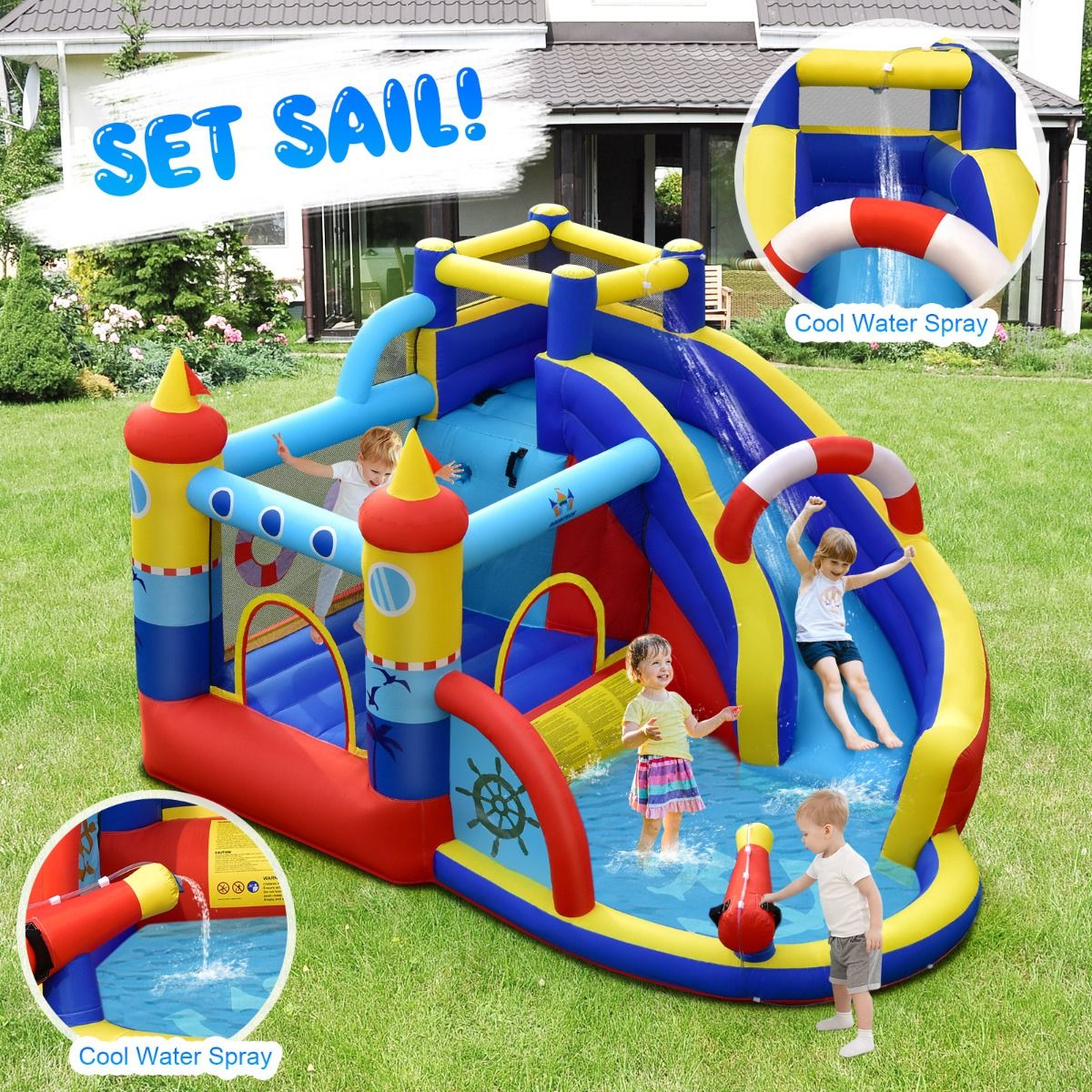 Château gonflable Coast « Bateau pirate » - Parc aquatique 5 en 1 avec toboggan et mur d'escalade - Pistolet à eau et ventilateur inclus - 360 x 290 x 200 cm