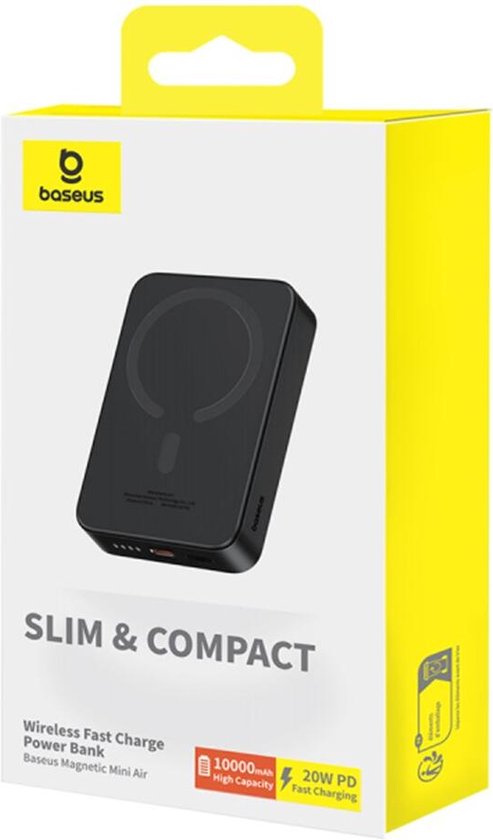 Batterie externe Baseus Mini 10 000 mAh, noire | Compacte, compatible MagSafe et recharge rapide | USB-C 20 W | Compatible avec l'iPhone d'Apple et d'autres smartphones