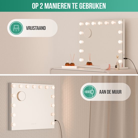 Avalo - Miroir de maquillage avec éclairage - 56x44 CM - Miroir Hollywoodien - Miroir avec éclairage - Miroir de maquillage - 3 modes d'éclairage graduables - grossissement 10x - chargeur USB intégré