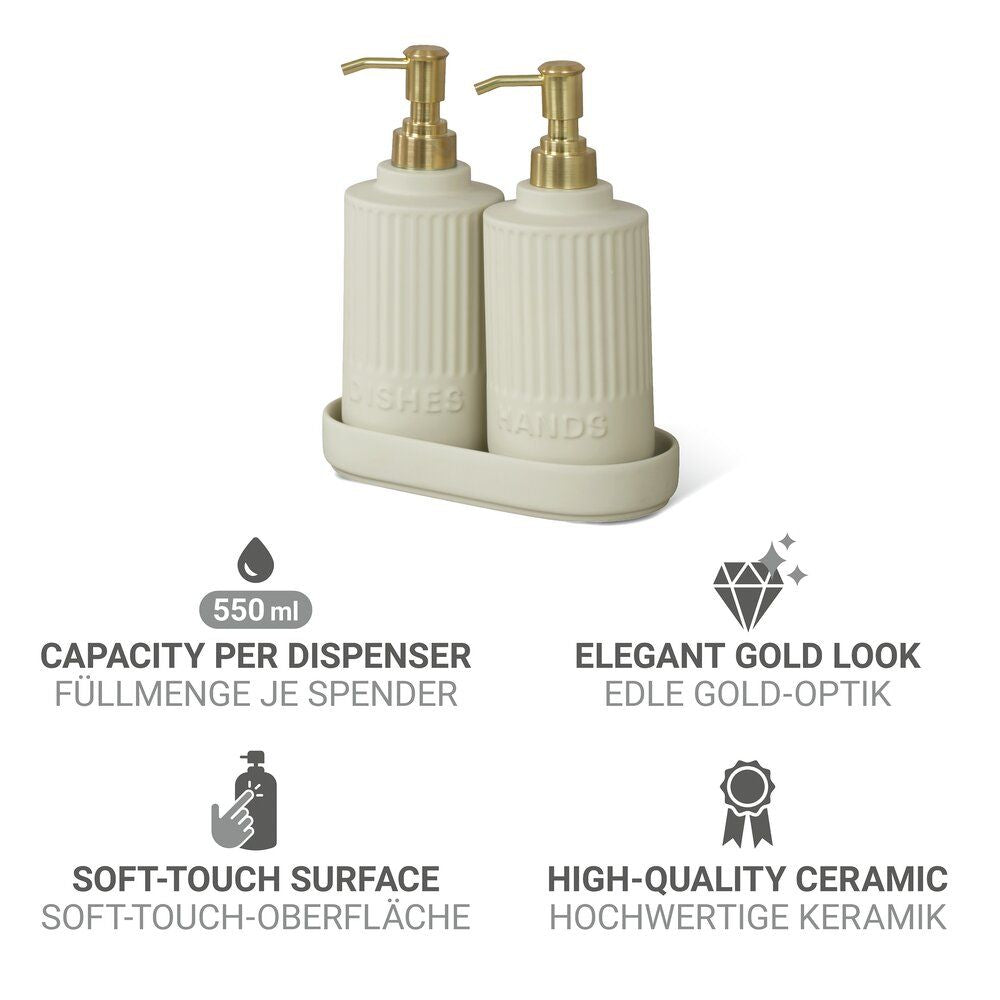 Ensemble de distributeurs de savon et de liquide vaisselle WENKO Heidi, couleur crème - 2 x 550 ml - Céramique