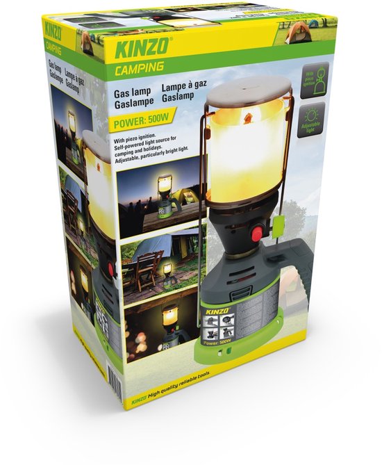 Lampe à gaz Kinzo – Lampe de camping à gaz – Avec allumage piézoélectrique et poignée – 3 manchons à gaz inclus – 500 W