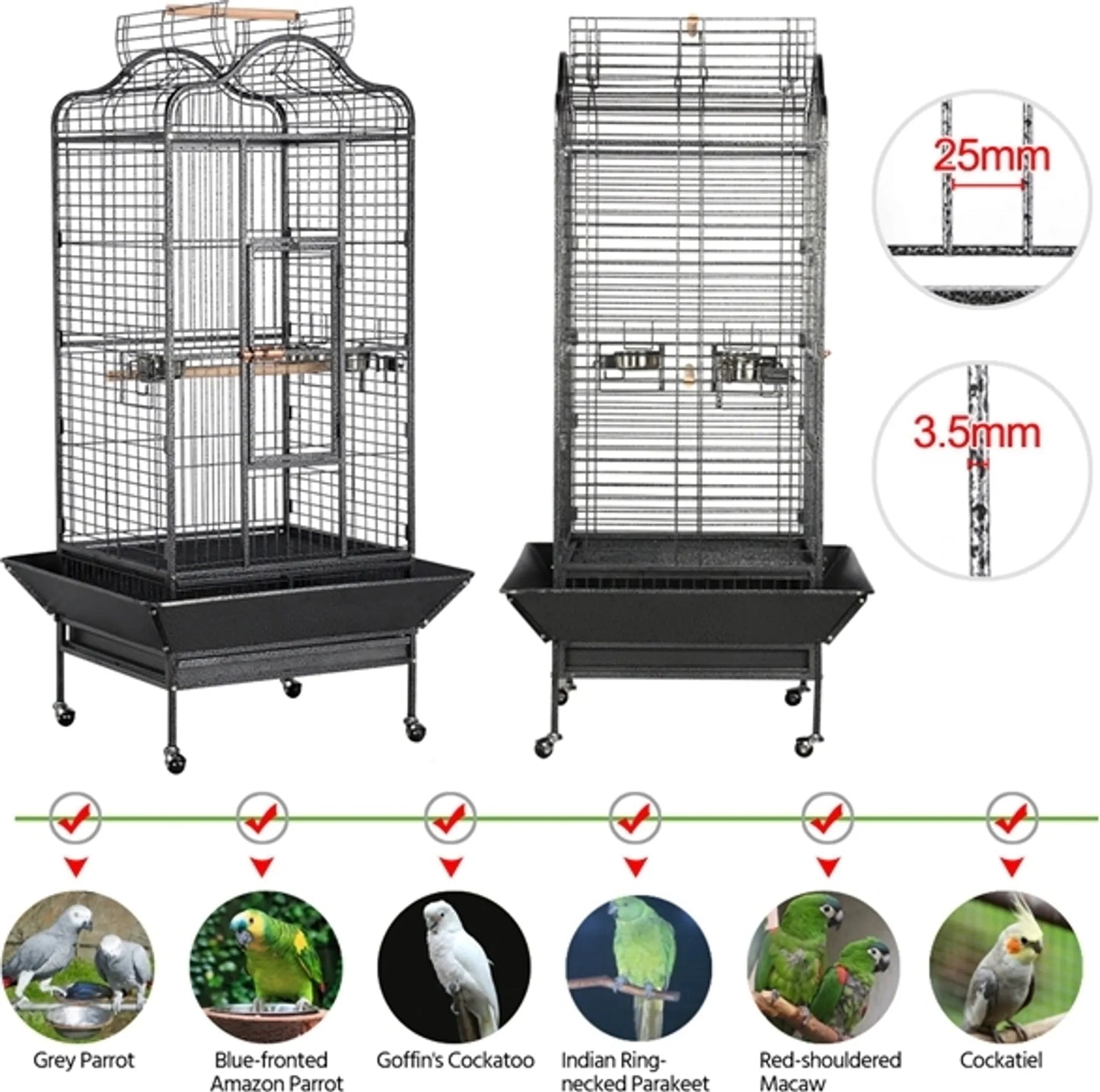 Yaheetech Cage à oiseaux Cage pour perroquets - 81 x 77 x 154-160 cm - équipée d'un toit victorien pliant et d'un collecteur de saletés et d'une base mobile - pour perroquets et grands oiseaux - métal martelé noir