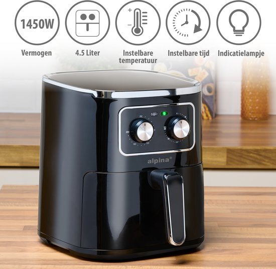 alpina Airfryer 4.5L- Friteuse à air chaud pour 3 à 4 personnes - Friteuse à air avec température réglable de 80°C à 200°C - Minuterie jusqu'à 60 minutes - Friteuse à air chaud 1450W - Noir