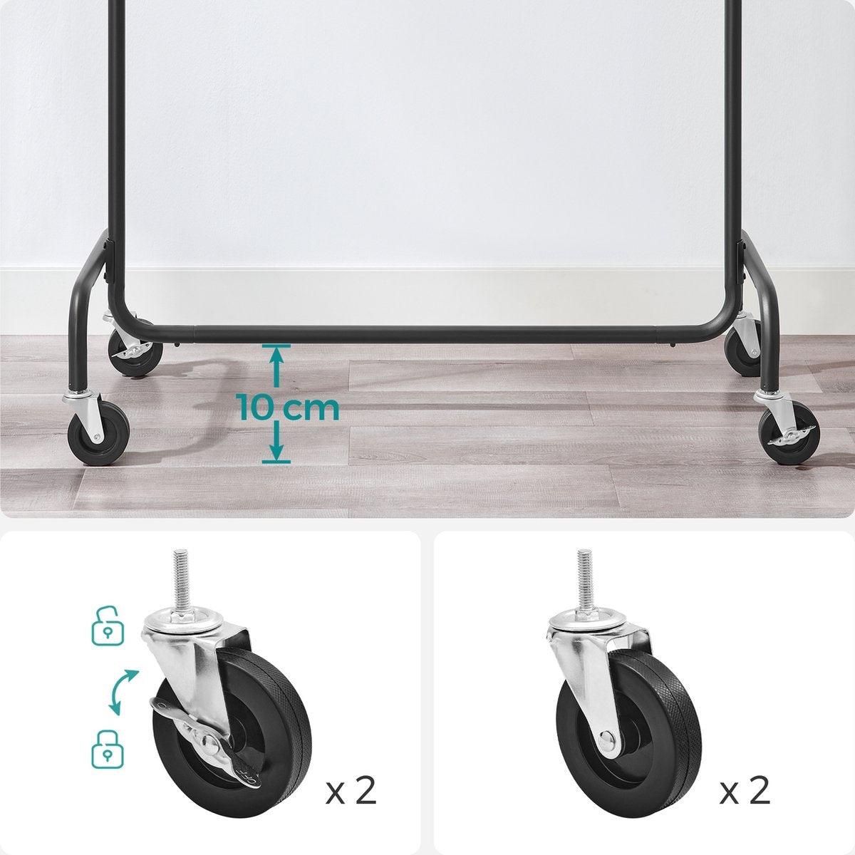 O'DADDY® Porte-vêtements à roulettes - Porte-penderie - Tringle de suspension extensible - Design robuste - Stable jusqu'à 130 kg - Métal - Noir