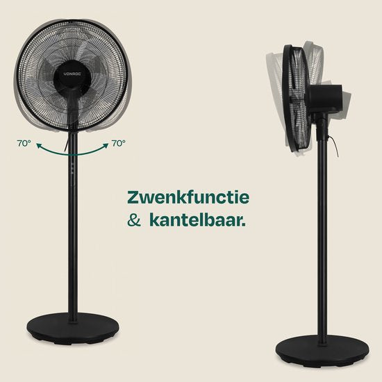 Ventilateur de sol VONROC - Ø 45,5 cm - 3 vitesses – minuterie - réglable sur 3 hauteurs - télécommande incluse - noir