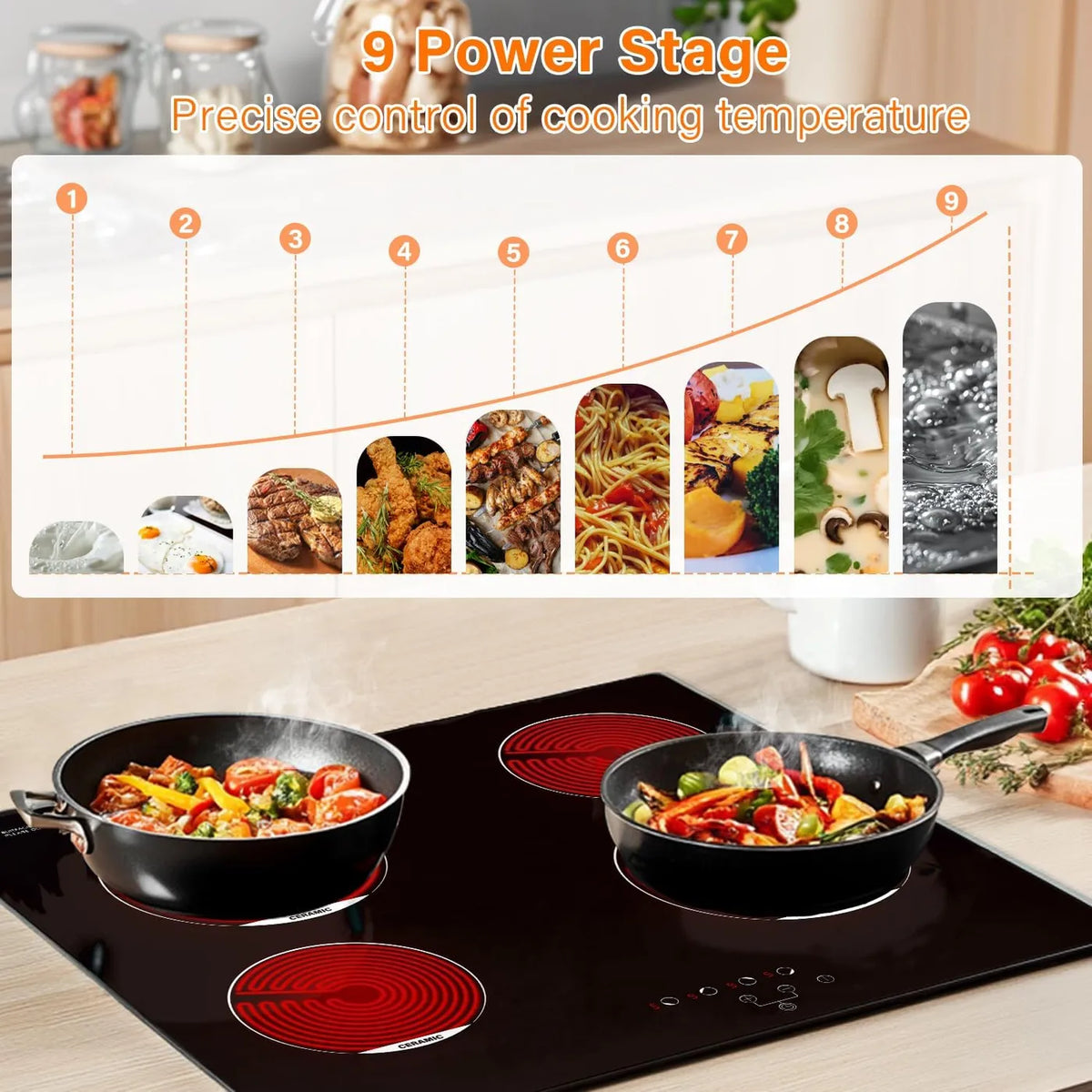 Plaque de cuisson encastrable en céramique Topwish 4 zones - 60 cm - 6 600 W - Commande tactile - Sécurité enfants