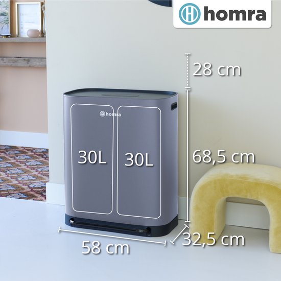 Homra Rockx Pedal Bin 60 Litres - Duo Trash Bin 2X30L with Odour Filter - Stainless steel Waste Separation Trash Bin 2 Compartments - Recycle Trash Bin - Garbage Bin Kitchen Waste Separation - Waste Bin - Double Trash Bin Grey