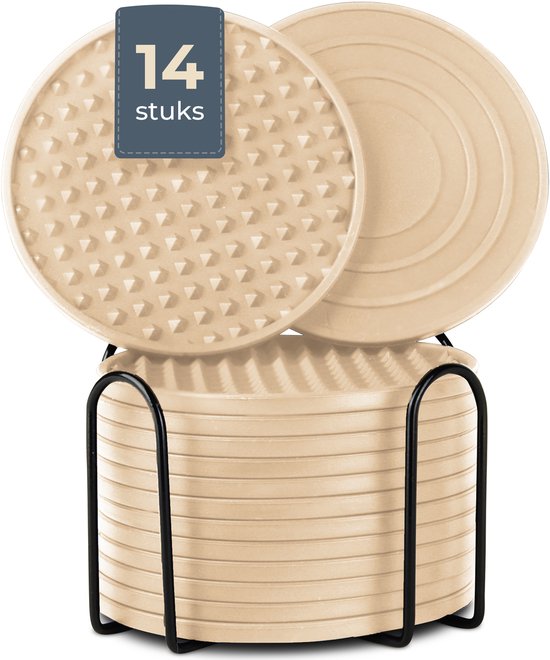 Sous-verres en silicone Castagnola – Sous-verres pour verres – Sous-verres design avec support – Lot de sous-verres – Antidérapants – Lot de 14 – Beige
