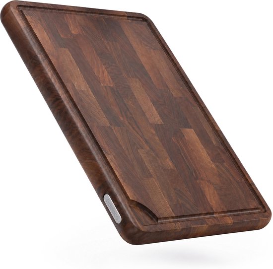 Planche à découper Deleca en bois de noyer américain (coupe transversale) avec rigole d'écoulement - Bloc à découper en bois - Antidérapante / Poignées – Signature en bois de noyer américain (coupe transversale) - 43 x 33 x 3 cm