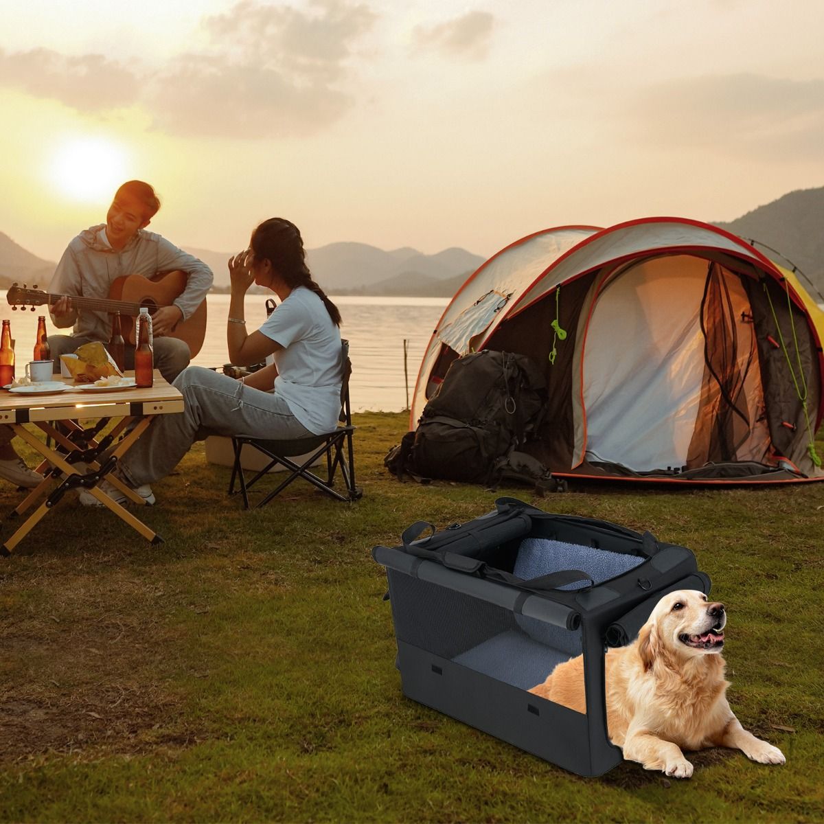 coast Sac de transport pliable pour chien - 90 x 72 x 48 cm - Noir/Gris - 2 ouvertures avec fenêtre en filet