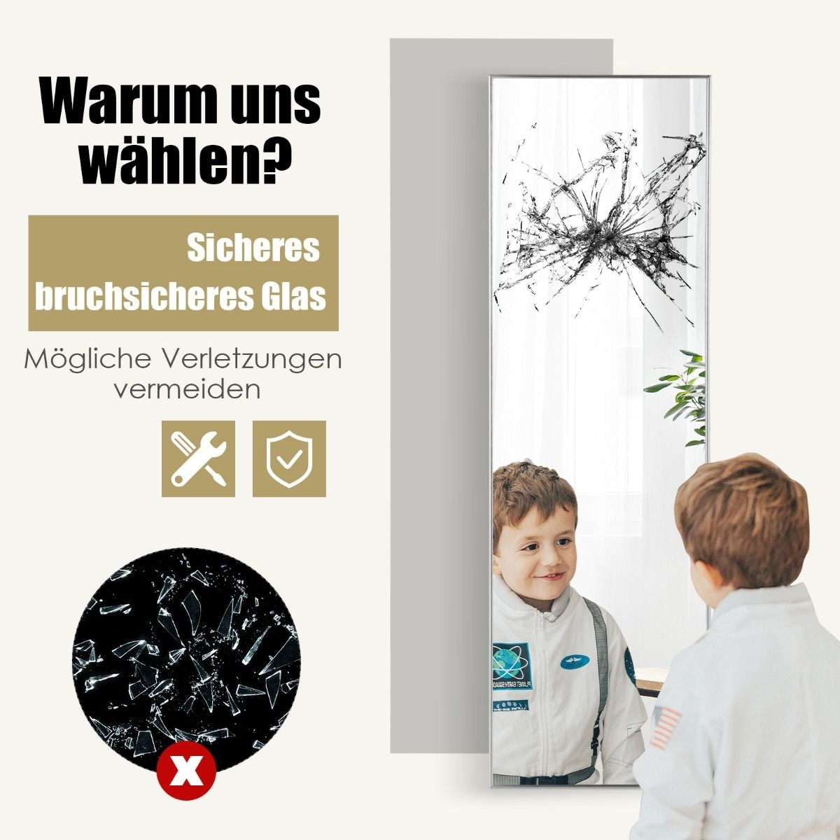 Côte 37 x 120 cm Miroir mural à hauteur d'homme avec crochets réglables en hauteur Miroir mural argenté