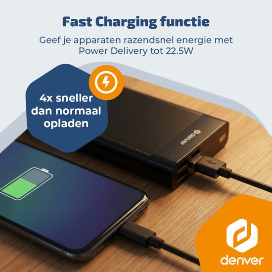 Batterie externe Denver - 10 000 mAh - Charge rapide 22,5 W - Indicateur LED - Kit d'urgence - PQC10008
