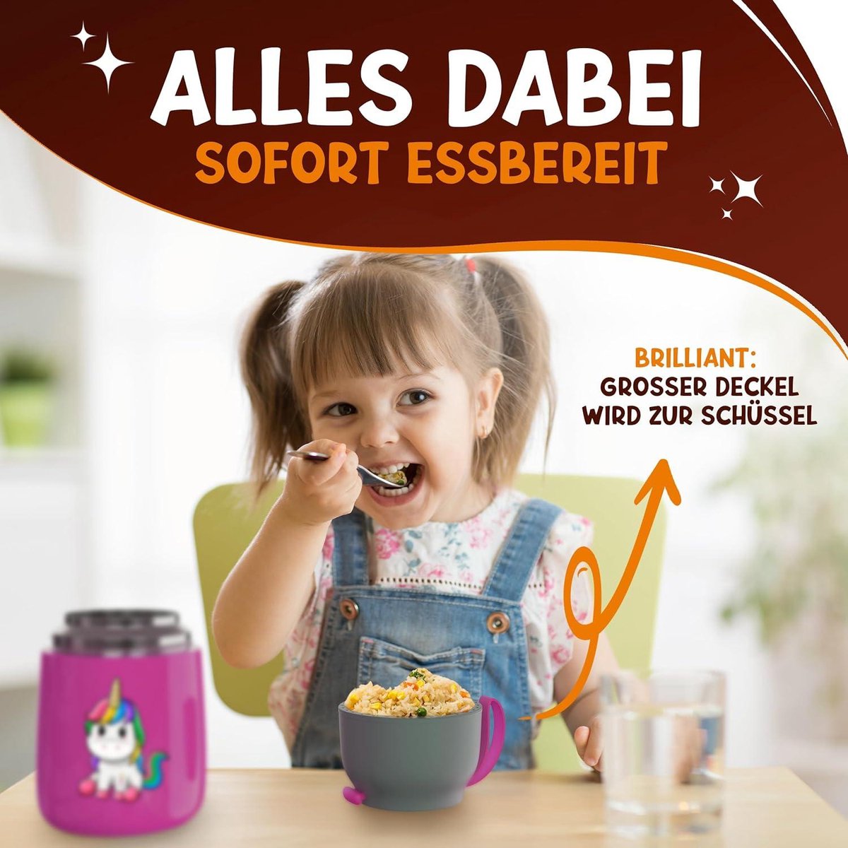 FUNKELFUCHS® Tasse thermo pour aliments pour enfants - 500ml, licorne rose - 100% étanche - Réchauffeur d'aliments en acier inoxydable - Tasse thermo pour aliments - Boîte à lunch thermo pour enfants - Réchauffeur d'aliments pour bébés